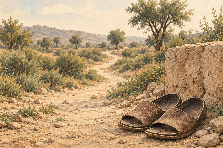 Worn leather sandals beside a quiet rural path, illustrating the hardships of travel.