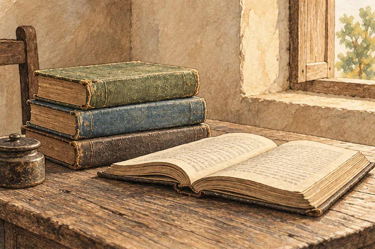 Worn books on a wooden desk beside a window, illustrating the search for religious knowledge.