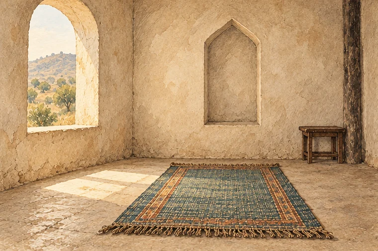 A simple prayer mat in a rustic room overlooking a quiet hillside, illustrating prayer and reflection.