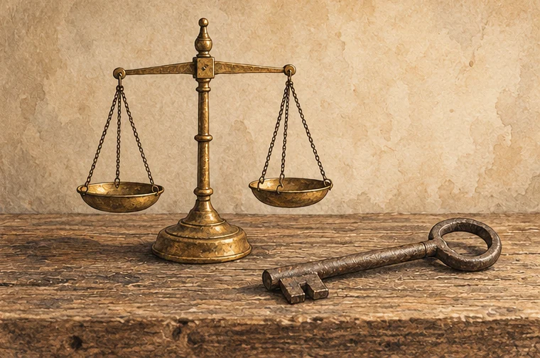 Traditional balance scales and an iron key on a wooden table, illustrating honesty and safekeeping.