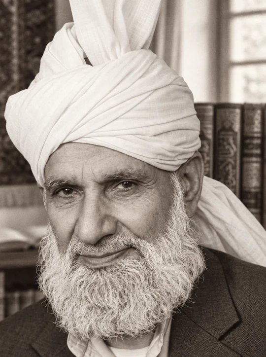 Hafiz Ghulam Rabbani in a white turban, remembered as the imam of the mosque in Anwarabad.